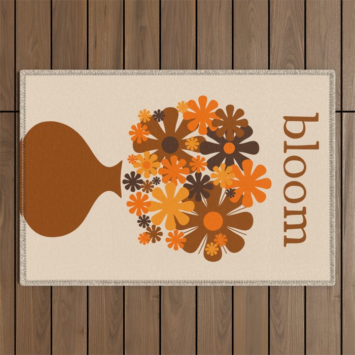 Bloom Retro 70s Brown and Orange Flowers in Vase Outdoor Rug Gallery Image 1