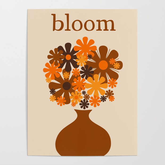 Bloom Retro 70s Brown and Orange Flowers in Vase Poster Gallery Image 4