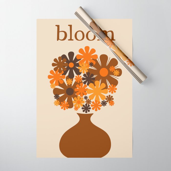 Bloom Retro 70s Brown and Orange Flowers in Vase Wrapping Paper Gallery Image 1