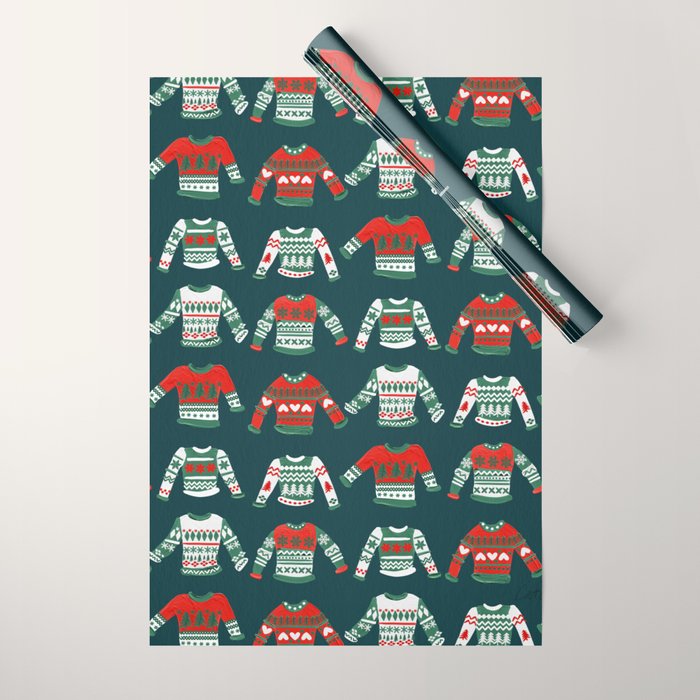 Christmas Sweaters - Teal & Red Palette Wrapping Paper Gallery Image 1