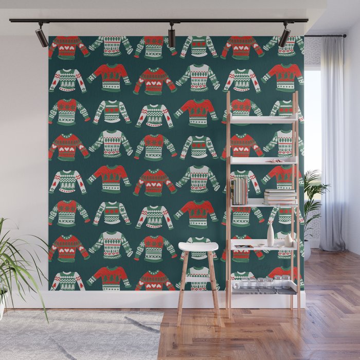 Christmas Sweaters - Teal & Red Palette Wall Mural Gallery Image 1