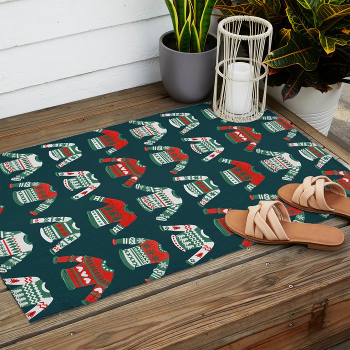 Christmas Sweaters - Teal & Red Palette Outdoor Rug Gallery Image 2