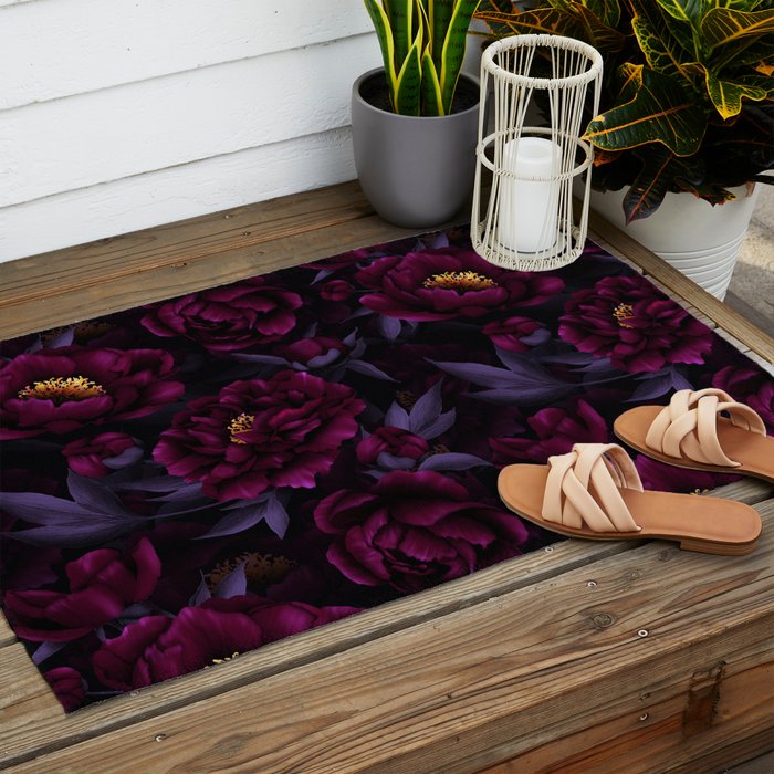 Vintage Dark Night Peonies  Outdoor Rug Gallery Image 2