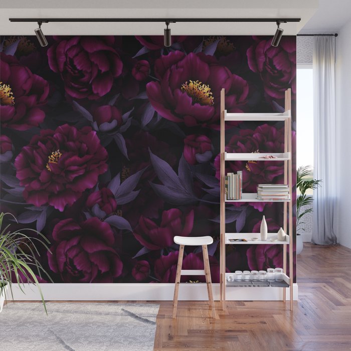 Vintage Dark Night Peonies  Wall Mural Gallery Image 1