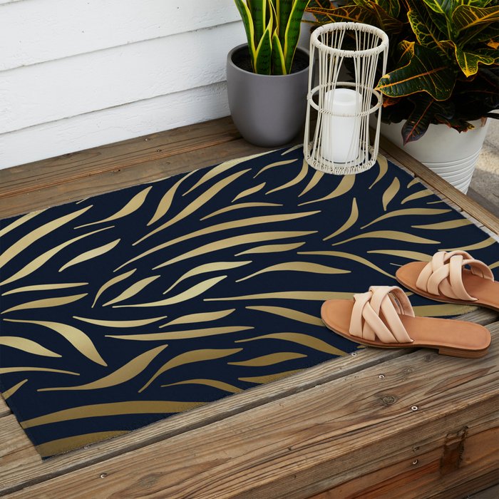Navy and Gold Abstract Leaves Outdoor Rug Gallery Image 2