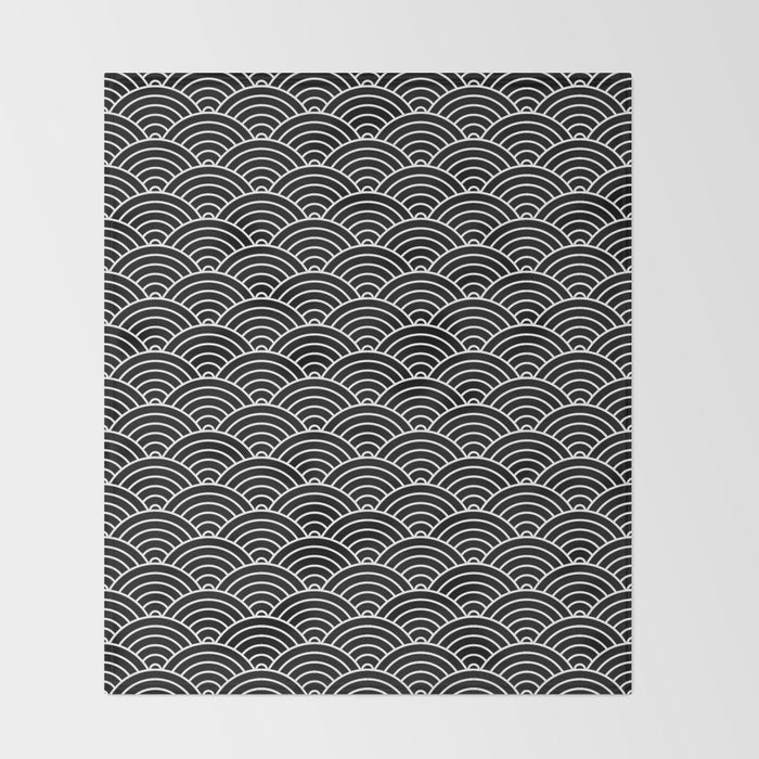 Japanese Waves Pattern Black on White Throw Blanket Gallery Image 2
