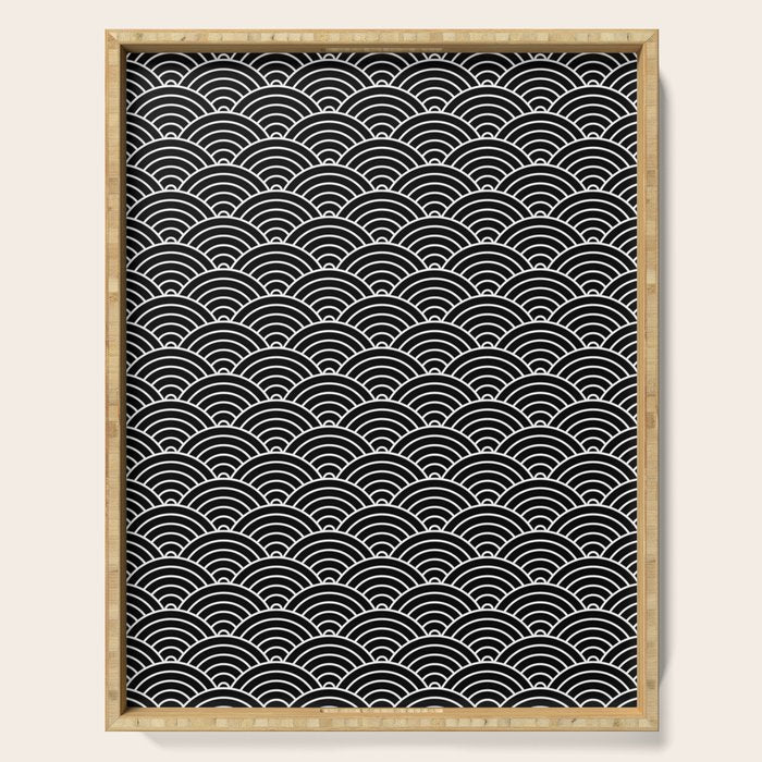 Japanese Waves Pattern Black on White Serving Tray Gallery Image 1