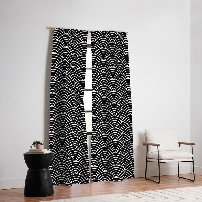 Japanese Waves Pattern Black on White Window Curtain Gallery Image 2