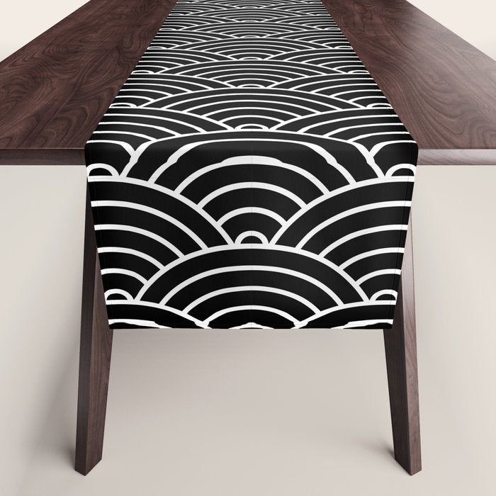 Japanese Waves Pattern Black on White Table Runner Gallery Image 1