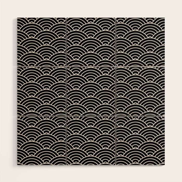 Japanese Waves Pattern Black on White Wood Wall Art Gallery Image 1