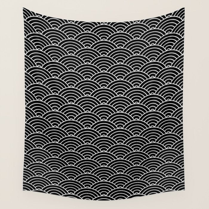 Japanese Waves Pattern Black on White Wall Tapestry Gallery Image 4