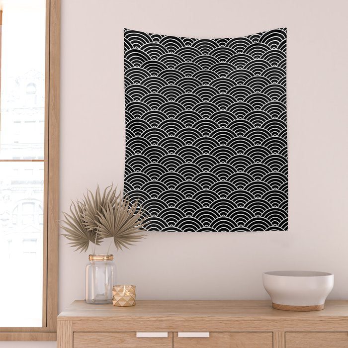 Japanese Waves Pattern Black on White Wall Tapestry Gallery Image 2