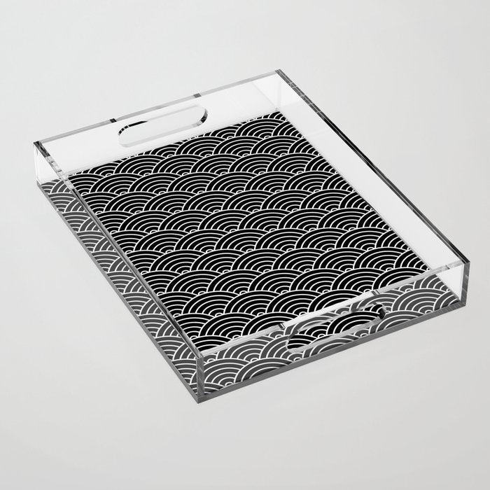 Japanese Waves Pattern Black on White Acrylic Tray Gallery Image 1