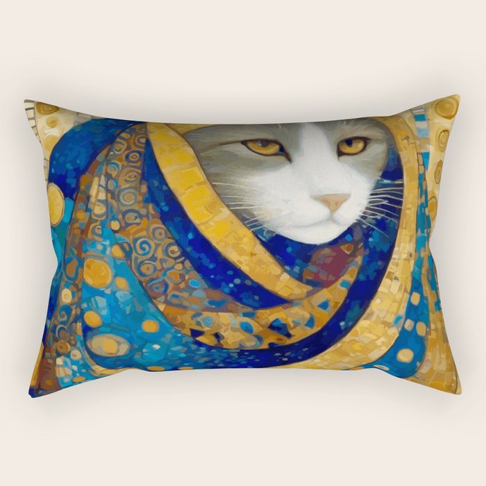 Klimt Cat in Blue and Gold Hood Rectangular Pillow Gallery Image 2