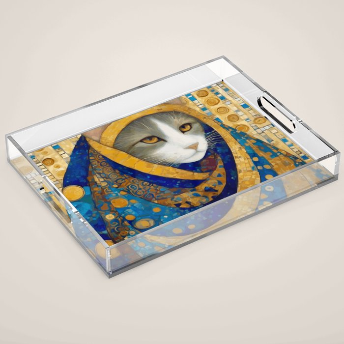 Klimt Cat in Blue and Gold Hood Acrylic Tray Gallery Image 1