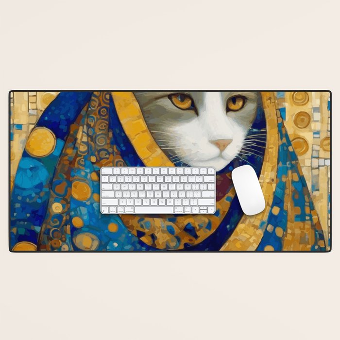 Klimt Cat in Blue and Gold Hood Desk Mat Gallery Image 1