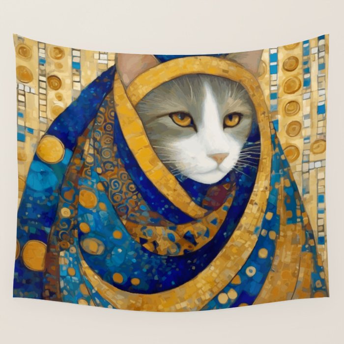 Klimt Cat in Blue and Gold Hood Wall Tapestry Gallery Image 1