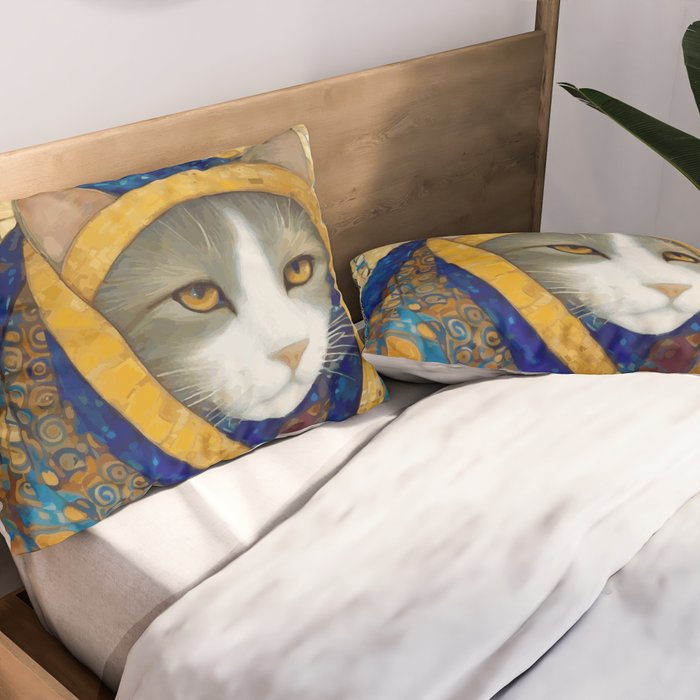 Klimt Cat in Blue and Gold Hood Pillow Sham Gallery Image 2