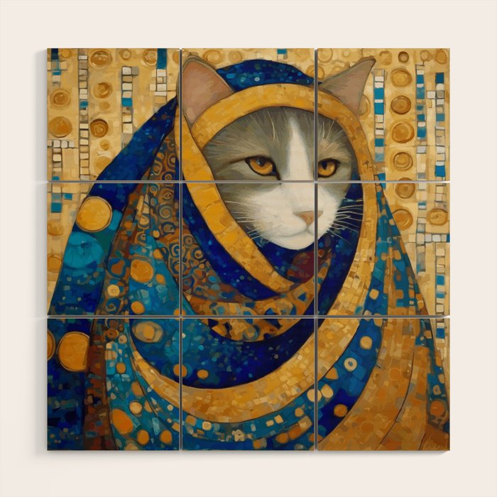 Klimt Cat in Blue and Gold Hood Wood Wall Art Gallery Image 1