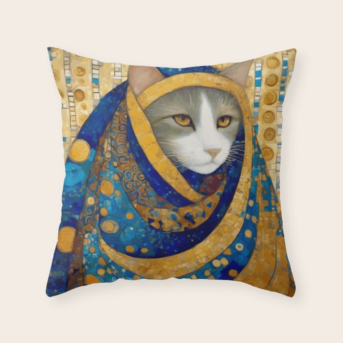 Klimt Cat in Blue and Gold Hood Throw Pillow Gallery Image 6