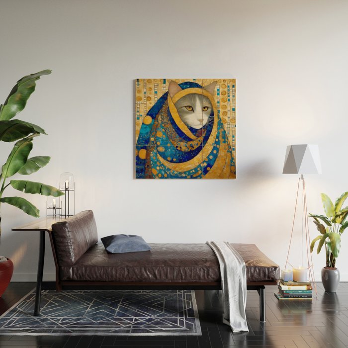 Klimt Cat in Blue and Gold Hood Wood Wall Art Gallery Image 2