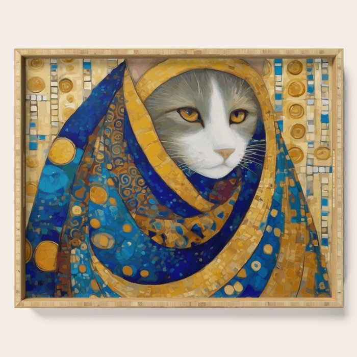 Klimt Cat in Blue and Gold Hood Serving Tray Gallery Image 1