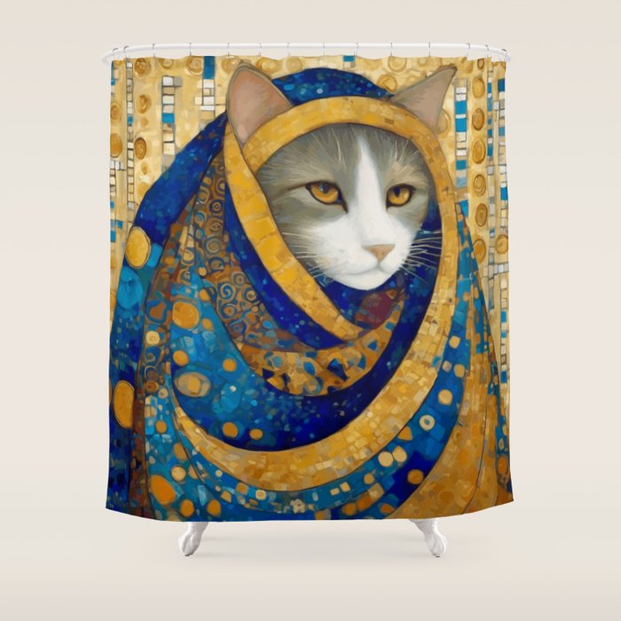 Klimt Cat in Blue and Gold Hood Shower Curtain Gallery Image 1