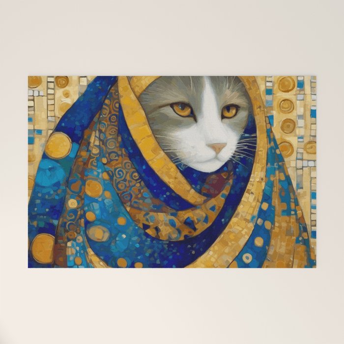 Klimt Cat in Blue and Gold Hood Welcome Mat Gallery Image 1