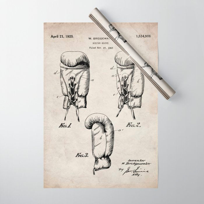 Boxing Gloves Patent - Boxer Trainer Coach Gym Art - Antique Wrapping Paper Gallery Image 1