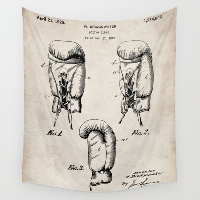 Boxing Gloves Patent - Boxer Trainer Coach Gym Art - Antique Wall Tapestry Gallery Image 1