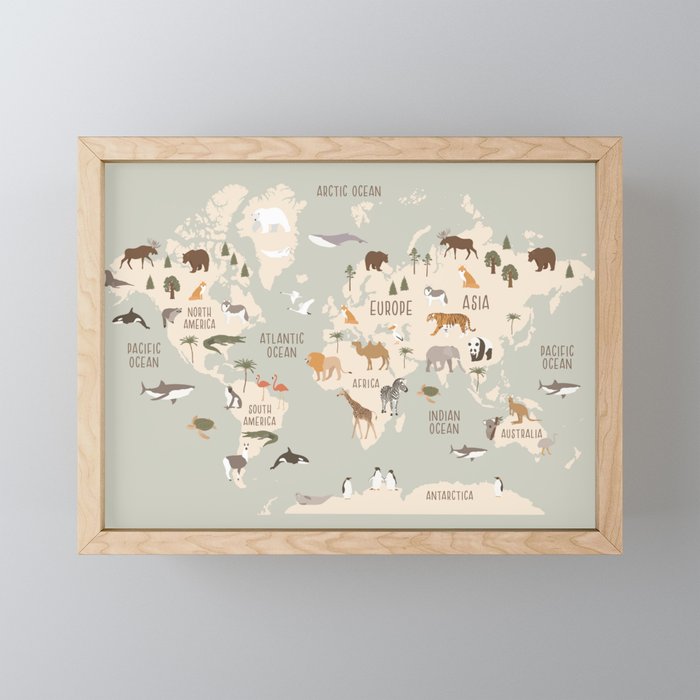 Kids world map with animals in green Mini Art Print Gallery Image 1