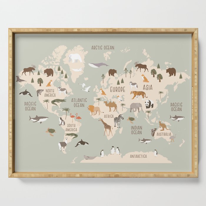 Kids world map with animals in green Serving Tray Gallery Image 1