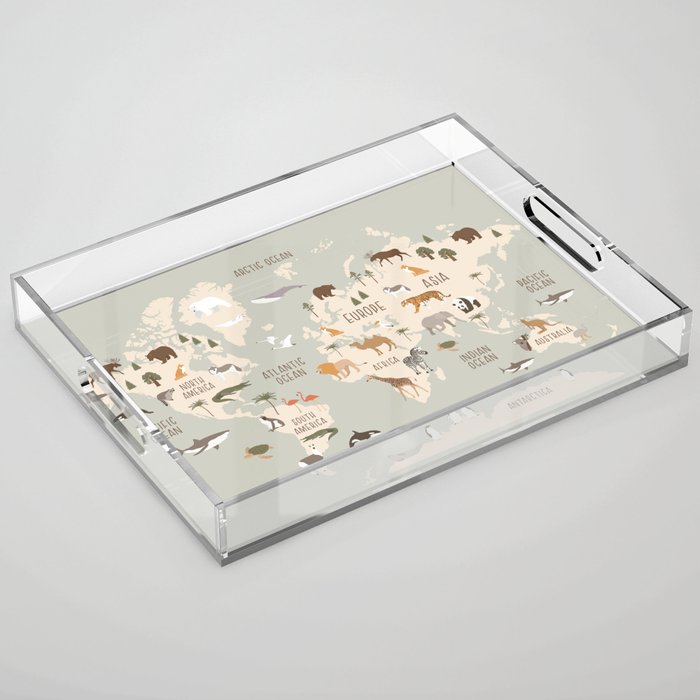 Kids world map with animals in green Acrylic Tray Gallery Image 1