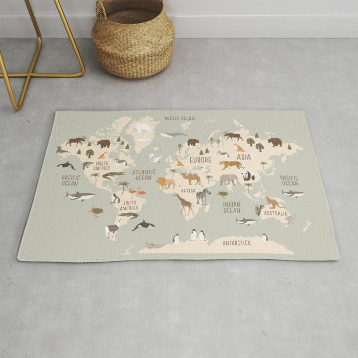 Kids world map with animals in green Rug Gallery Image 1