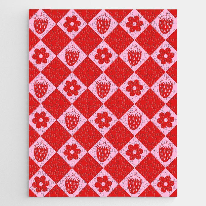 Flowers And Strawberry Pink & Red Checker Jigsaw Puzzle Gallery Image 1
