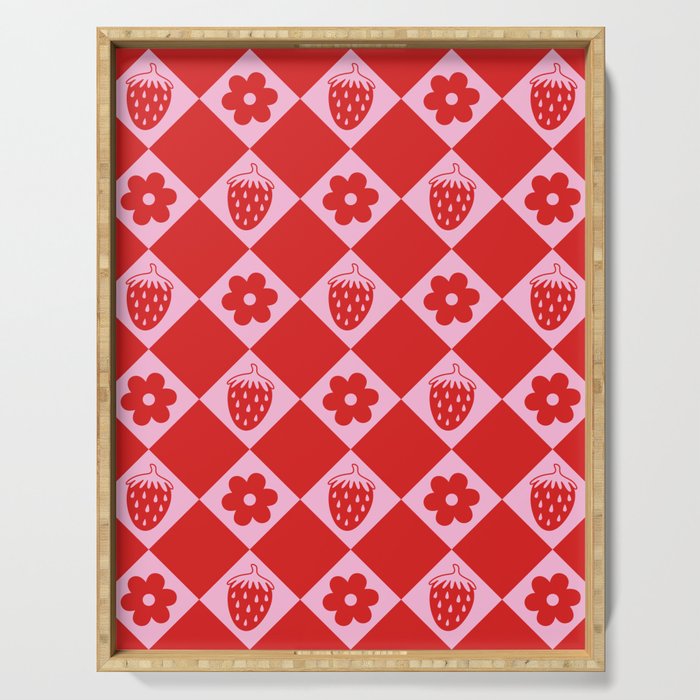Flowers And Strawberry Pink & Red Checker Serving Tray Gallery Image 1