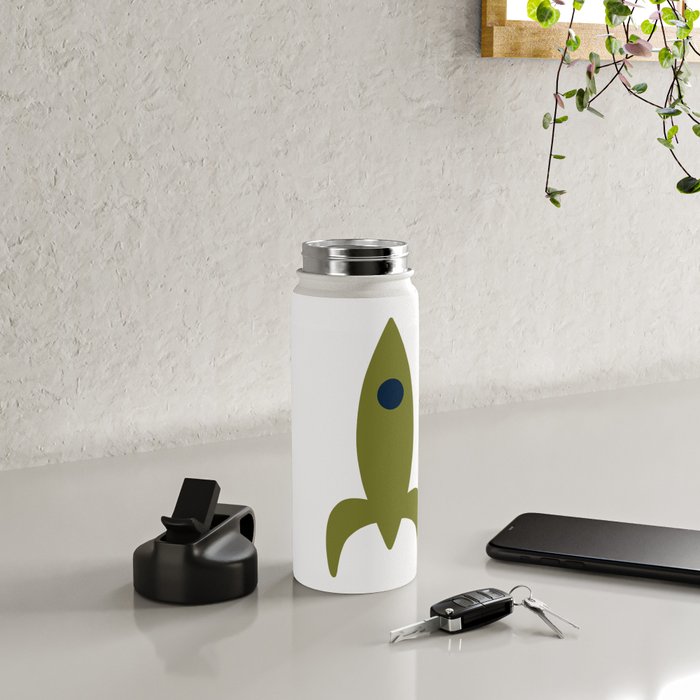 Space Age Rocket Ships - Atomic Age Mid-Century Modern Pattern in Mid Mod Beige and Olive Water Bottle Gallery Image 4