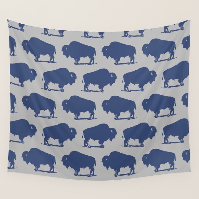 Buffalo Bison Pattern Blue and Gray Wall Tapestry Gallery Image 1