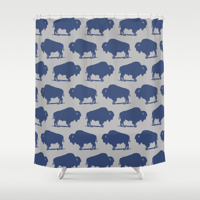 Buffalo Bison Pattern Blue and Gray Shower Curtain Gallery Image 1
