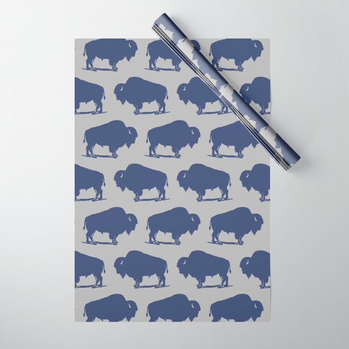 Buffalo Bison Pattern Blue and Gray Wrapping Paper Gallery Image 1