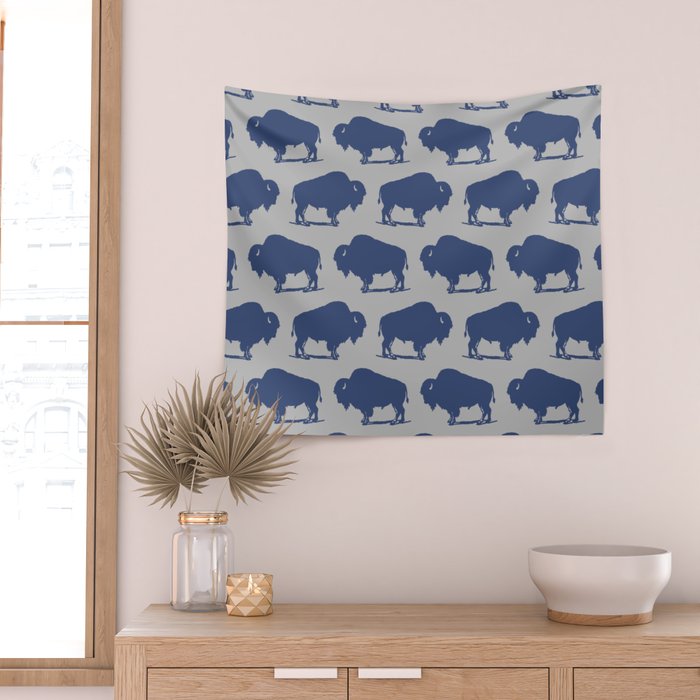Buffalo Bison Pattern Blue and Gray Wall Tapestry Gallery Image 2