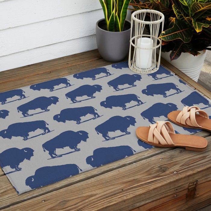 Buffalo Bison Pattern Blue and Gray Outdoor Rug Gallery Image 2