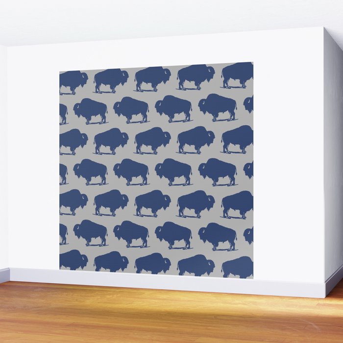 Buffalo Bison Pattern Blue and Gray Wall Mural Gallery Image 2