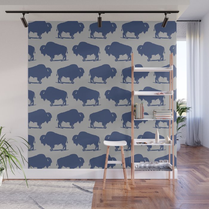 Buffalo Bison Pattern Blue and Gray Wall Mural Gallery Image 1