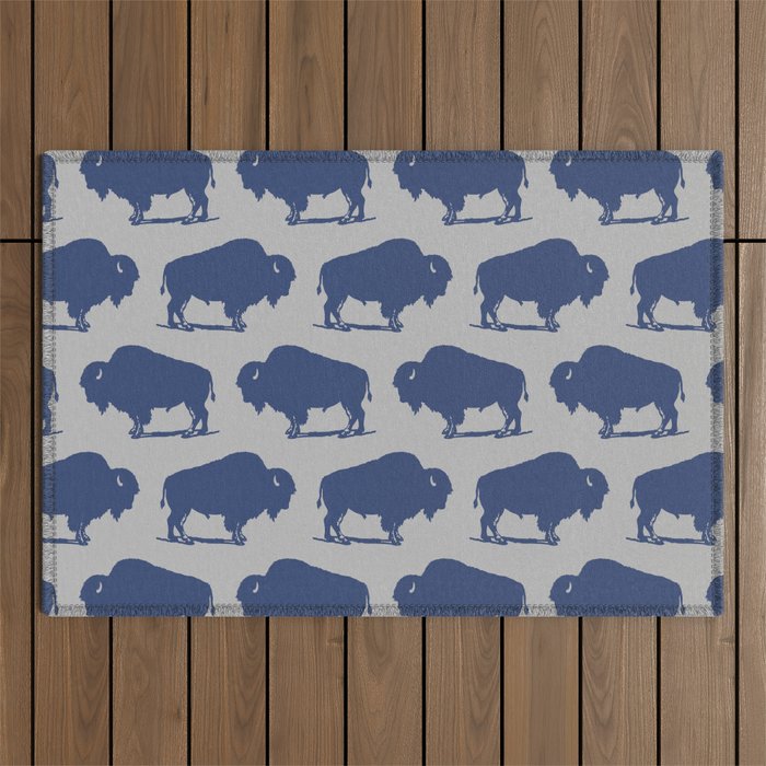 Buffalo Bison Pattern Blue and Gray Outdoor Rug Gallery Image 1