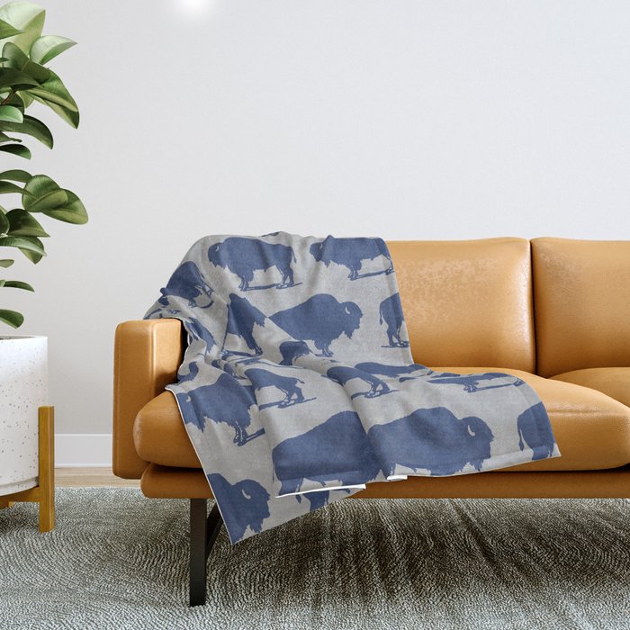 Buffalo Bison Pattern Blue and Gray Throw Blanket Gallery Image 1