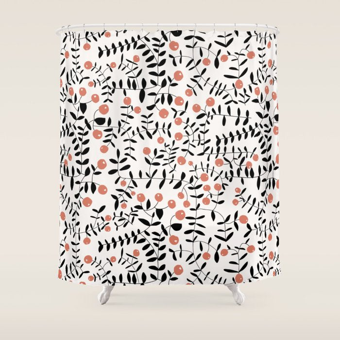 Block print berries black and white Shower Curtain Gallery Image 1