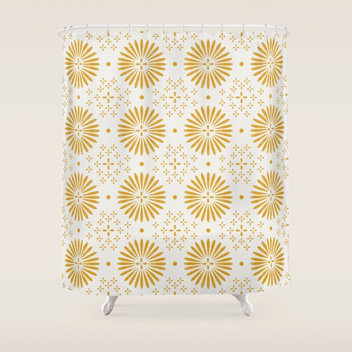 Happy Sunshine - yellow art, sunshine, boho art, bohemian, tile, home decor, yellow, yellow art print Shower Curtain Gallery Image 1
