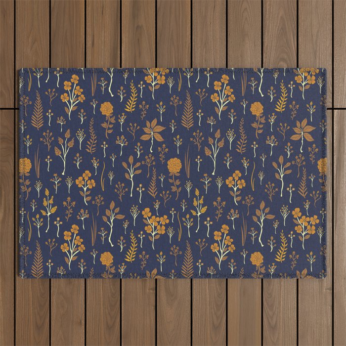 Navy Blue & Mustard Yellow Floral Pattern Outdoor Rug Gallery Image 1