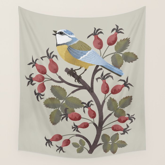 Blue Tit on Red Rose Hips Wall Tapestry Gallery Image 1